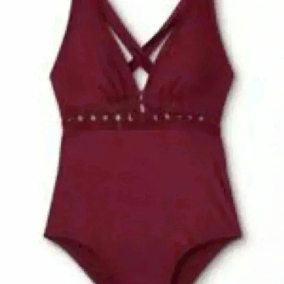 Kona Sol Macrame Cut out low cut One Piece Burgundy Swimsuit,cross back scoop - Picture 1 of 11